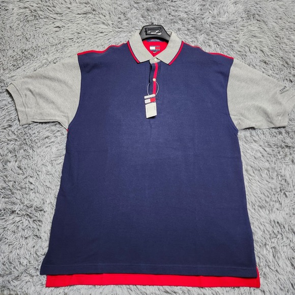 Tommy Hilfiger Polo Shirt Mens XL Color Block Gray Blue Red Short Sleeve Cotton - Picture 1 of 12